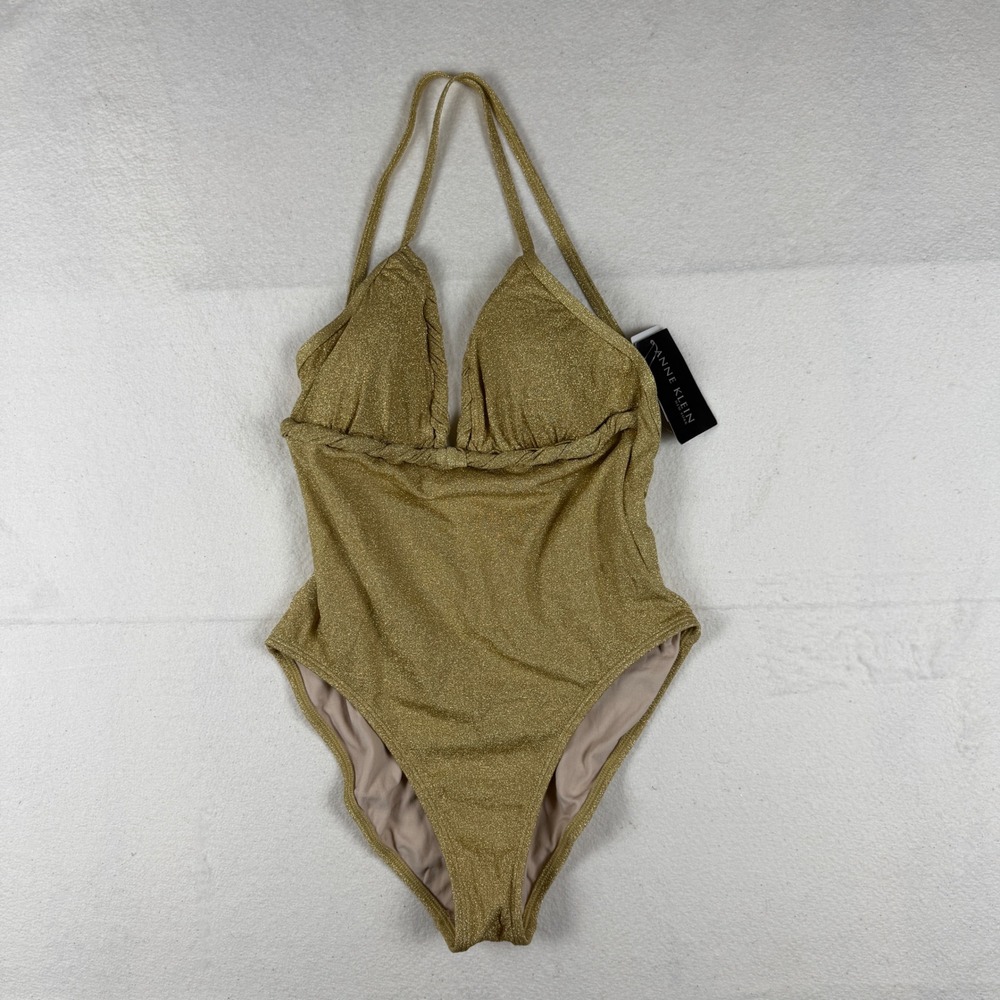 Anne Klein New York Gold Metallic Shimmer One Piece Swimsuit Size 14 T35381W8